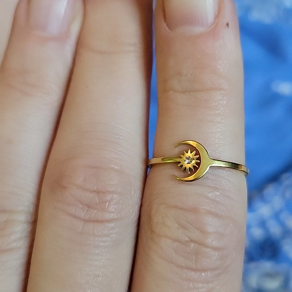 Goldtone Dainty Moon & Star Ring